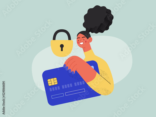 Safe payment - Online shopping and electronic commerce series - modern flat vector concept illustration of a woman with a plastic card and a lock. Protection and security of online orders concept