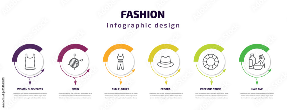 fashion infographic template with icons and 6 step or option. fashion icons such as women sleeveless shirt, skein, gym clothes, fedora, precious stone, hair dye vector. can be used for banner, info fashion infographic template with icons and 6 step or option. fashion icons such as women sleeveless shirt, skein, gym clothes, fedora, precious stone, hair dye vector. can be used for banner, info