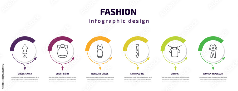 fashion infographic template with icons and 6 step or option. fashion icons such as dressmaker, short skirt, neckline dress, stripped tie, drying, women tracksuit vector. can be used for banner, fashion infographic template with icons and 6 step or option. fashion icons such as dressmaker, short skirt, neckline dress, stripped tie, drying, women tracksuit vector. can be used for banner,