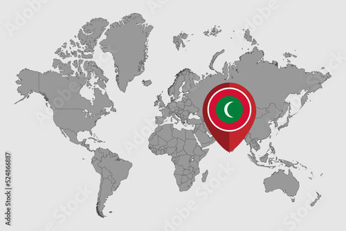 Pin map with Maldives flag on world map. Vector illustration.