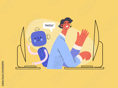 Customer support -Online shopping and electronic commerce series -modern flat vector concept illustration of an operator and bot greeting a client. Promotion, discounts, sale and online orders concept