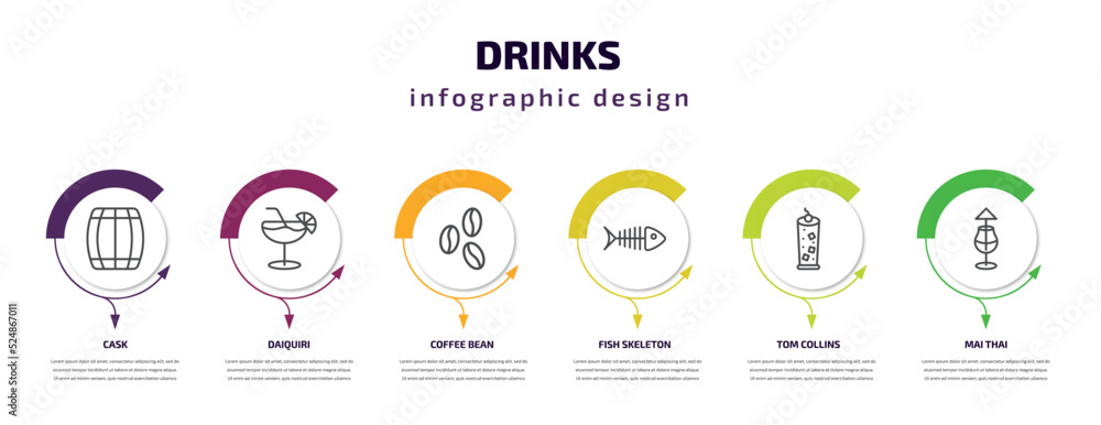 drinks infographic template with icons and 6 step or option. drinks icons such as cask, daiquiri, coffee bean, fish skeleton, tom collins, mai thai vector. can be used for banner, info graph, web, drinks infographic template with icons and 6 step or option. drinks icons such as cask, daiquiri, coffee bean, fish skeleton, tom collins, mai thai vector. can be used for banner, info graph, web,