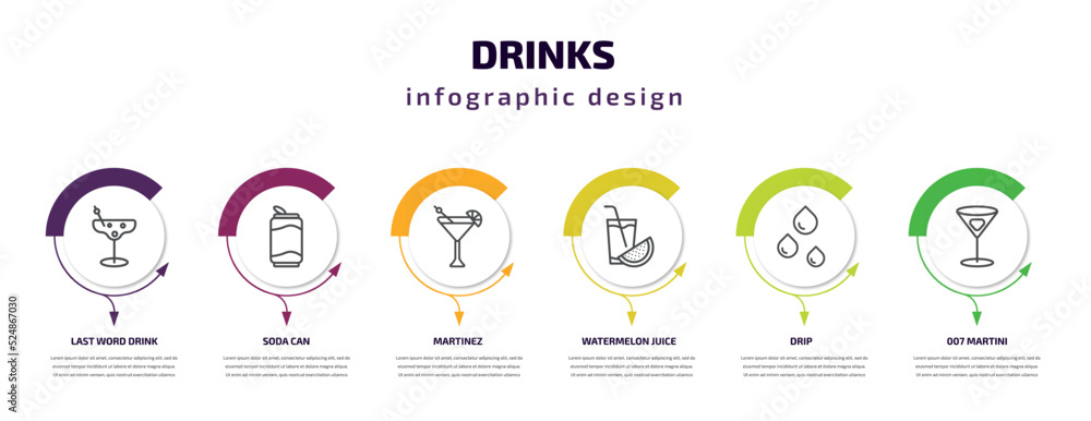 drinks infographic template with icons and 6 step or option. drinks icons such as last word drink, soda can, martinez, watermelon juice, drip, 007 martini vector. can be used for banner, info graph,