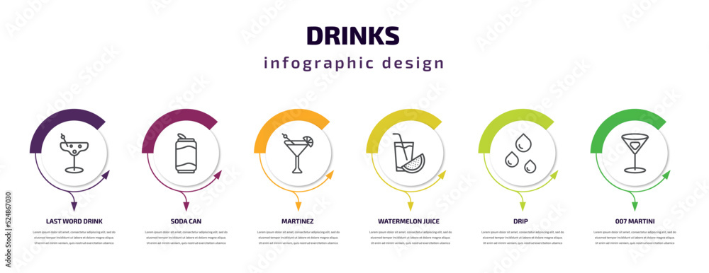 drinks infographic template with icons and 6 step or option. drinks icons such as last word drink, soda can, martinez, watermelon juice, drip, 007 martini vector. can be used for banner, info graph, drinks infographic template with icons and 6 step or option. drinks icons such as last word drink, soda can, martinez, watermelon juice, drip, 007 martini vector. can be used for banner, info graph,