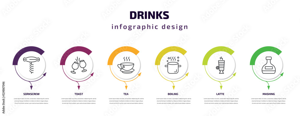 drinks infographic template with icons and 6 step or option. drinks icons such as sorkscrew, toast, tea, boiling, latte, mashing vector. can be used for banner, info graph, web, presentations. drinks infographic template with icons and 6 step or option. drinks icons such as sorkscrew, toast, tea, boiling, latte, mashing vector. can be used for banner, info graph, web, presentations.