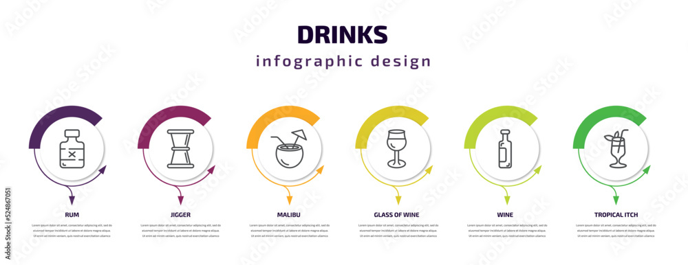 drinks infographic template with icons and 6 step or option. drinks icons such as rum, jigger, malibu, glass of wine, wine, tropical itch vector. can be used for banner, info graph, web, drinks infographic template with icons and 6 step or option. drinks icons such as rum, jigger, malibu, glass of wine, wine, tropical itch vector. can be used for banner, info graph, web,