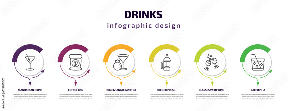drinks infographic template with icons and 6 step or option. drinks icons such as manhattan drink, coffee bag, pomegranate martini, french press, glasses with wine, caipirinha vector. can be used