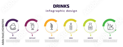 drinks infographic template with icons and 6 step or option. drinks icons such as cappuccino, mint julep, french 75, vodka, absinthe, juice vector. can be used for banner, info graph, web,