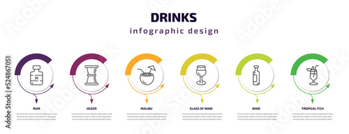 drinks infographic template with icons and 6 step or option. drinks icons such as rum, jigger, malibu, glass of wine, wine, tropical itch vector. can be used for banner, info graph, web,