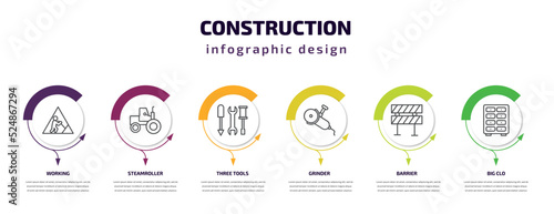 construction infographic template with icons and 6 step or option. construction icons such as working, steamroller, three tools, grinder, barrier, big clo vector. can be used for banner, info graph,