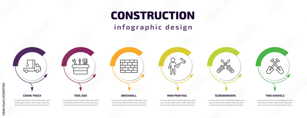 construction infographic template with icons and 6 step or option. construction icons such as crane truck, tool box, brickwall, man painting, screwdrivers, two shovels vector. can be used for