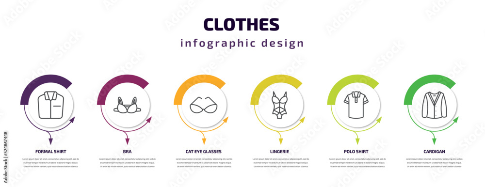clothes infographic template with icons and 6 step or option. clothes icons such as formal shirt, bra, cat eye glasses, lingerie, polo shirt, cardigan vector. can be used for banner, info graph, clothes infographic template with icons and 6 step or option. clothes icons such as formal shirt, bra, cat eye glasses, lingerie, polo shirt, cardigan vector. can be used for banner, info graph,