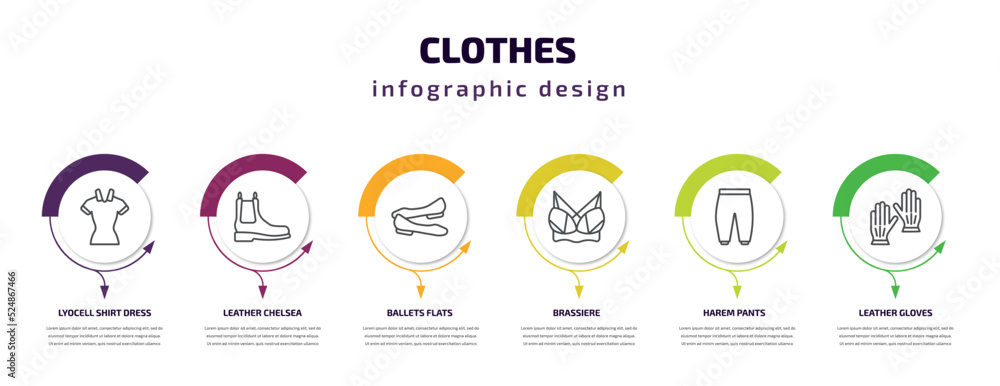 clothes infographic template with icons and 6 step or option. clothes icons such as lyocell shirt dress, leather chelsea boots, ballets flats, brassiere, harem pants, leather gloves vector. can be