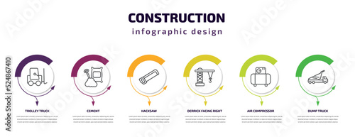 construction infographic template with icons and 6 step or option. construction icons such as trolley truck, cement, hacksaw, derrick facing right, air compressor, dump truck vector. can be used for