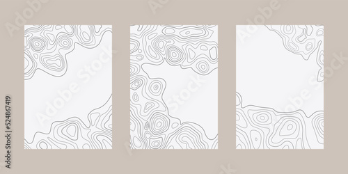 Topographic map pattern. Graphic trail lines on poster. Contour mountain texture. Vector geo backgrounds and frames set.