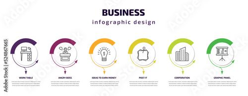 business infographic template with icons and 6 step or option. business icons such as work table, angry boss, ideas to earn money, post it, corporation, graphic panel vector. can be used for banner,