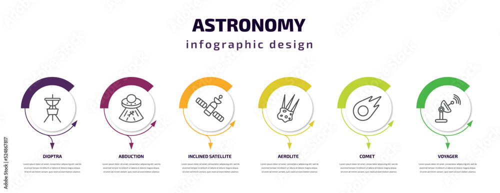 astronomy infographic template with icons and 6 step or option. astronomy icons such as dioptra, abduction, inclined satellite, aerolite, comet, voyager vector. can be used for banner, info graph,