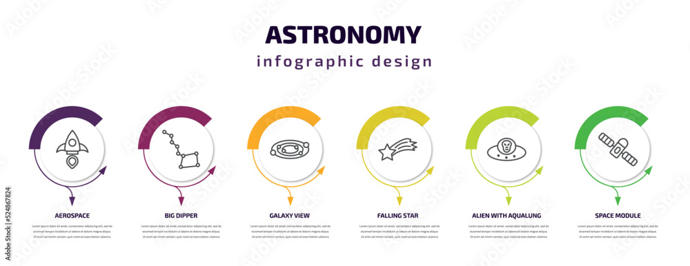 astronomy infographic template with icons and 6 step or option. astronomy icons such as aerospace, big dipper, galaxy view, falling star, alien with aqualung, space module vector. can be used for