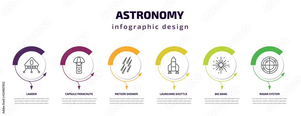 astronomy infographic template with icons and 6 step or option. astronomy icons such as lander, capsule parachute, meteor shower, launching shuttle, big bang, radar system vector. can be used for