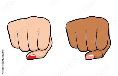 Woman Fist punching, front view of a female fist with nail polish, white woman fist and black woman fists vector illustration