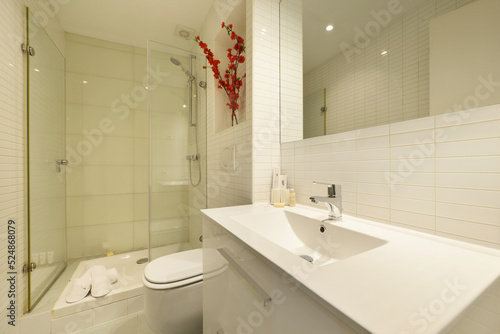 Bathroom with white porcelain sink above drawer cabinet  frameless mirror on the wall  and glass-enclosed shower stall