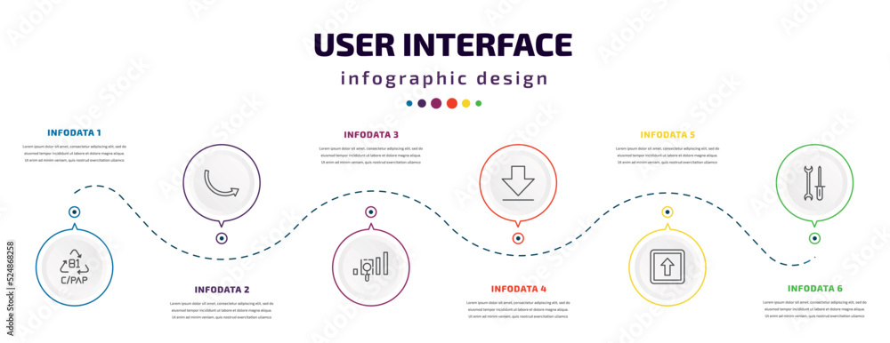 user interface infographic element with icons and 6 step or option. user interface icons such as c/pap 81, round right arrow, gap, big download arrow, key up, mechanic tool vector. can be used for user interface infographic element with icons and 6 step or option. user interface icons such as c/pap 81, round right arrow, gap, big download arrow, key up, mechanic tool vector. can be used for