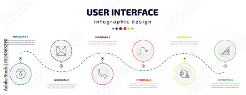 user interface infographic element with icons and 6 step or option. user interface icons such as upload button, expand button, curve arrows, sketched arrow, job transition, triangular vector. can be