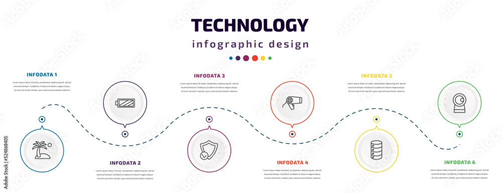 technology infographic element with icons and 6 step or option. technology icons such as holidays, battery with two bars, safe shield protection, hairdressing tools, circular database, front webcam technology infographic element with icons and 6 step or option. technology icons such as holidays, battery with two bars, safe shield protection, hairdressing tools, circular database, front webcam