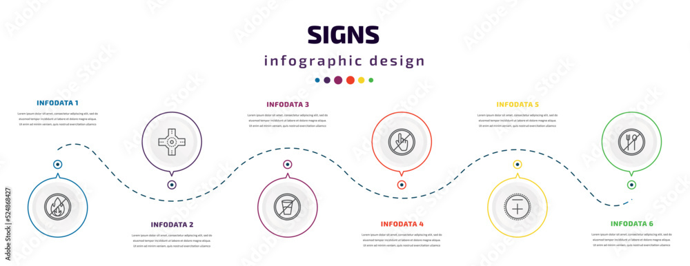 signs infographic element with icons and 6 step or option. signs icons such as no fire, junction, no drinks, do not touch, less plus, no food vector. can be used for banner, info graph, web, signs infographic element with icons and 6 step or option. signs icons such as no fire, junction, no drinks, do not touch, less plus, no food vector. can be used for banner, info graph, web,