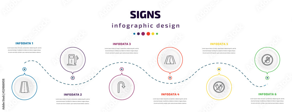 signs infographic element with icons and 6 step or option. signs icons such as roads, gas station, u turn, road collapse, no step, no touch vector. can be used for banner, info graph, web, signs infographic element with icons and 6 step or option. signs icons such as roads, gas station, u turn, road collapse, no step, no touch vector. can be used for banner, info graph, web,