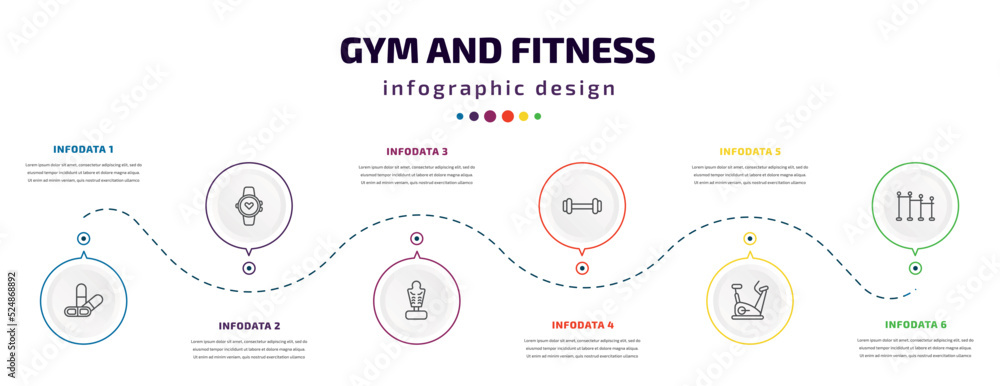 gym and fitness infographic element with icons and 6 step or option. gym and fitness icons such as press simulator, training watch, boxing mannequin, exercising dumbbell, exercise bike, horizontal gym and fitness infographic element with icons and 6 step or option. gym and fitness icons such as press simulator, training watch, boxing mannequin, exercising dumbbell, exercise bike, horizontal