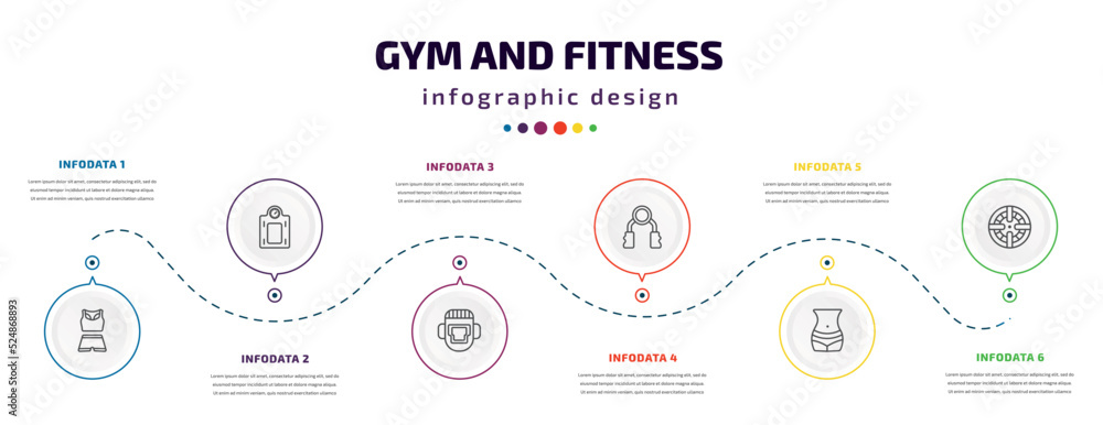 gym and fitness infographic element with icons and 6 step or option. gym and fitness icons such as female sportwear, weighing scale, headgear, grip, fitness body, iron shoot vector. can be used for gym and fitness infographic element with icons and 6 step or option. gym and fitness icons such as female sportwear, weighing scale, headgear, grip, fitness body, iron shoot vector. can be used for