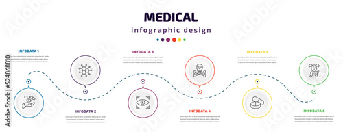 medical infographic element with icons and 6 step or option. medical icons such as drugs, molecular configuration, eye scanner medical, skull and bone, pill, canine vector. can be used for banner,