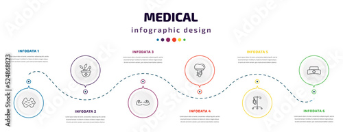 medical infographic element with icons and 6 step or option. medical icons such as thyroid gland, phary tool, strong, implants, perfusion, nurse cross vector. can be used for banner, info graph,