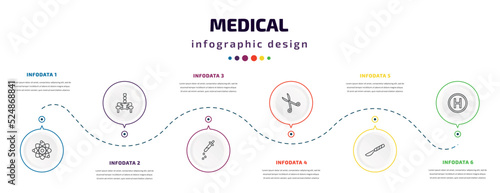 medical infographic element with icons and 6 step or option. medical icons such as atomic structure, p, eye dropper, opened medical scissors, scalpel, heliport vector. can be used for banner, info