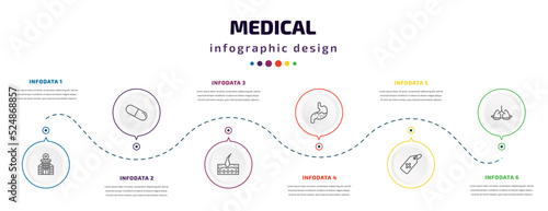 medical infographic element with icons and 6 step or option. medical icons such as hospital building front, medical pill, epidermis, stoh, tag with a cross, breath control vector. can be used for