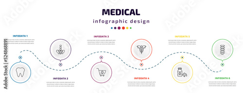 medical infographic element with icons and 6 step or option. medical icons such as tooth, pelvic area, phary shopping cart, caduceus, pills jar, spinal column vector. can be used for banner, info