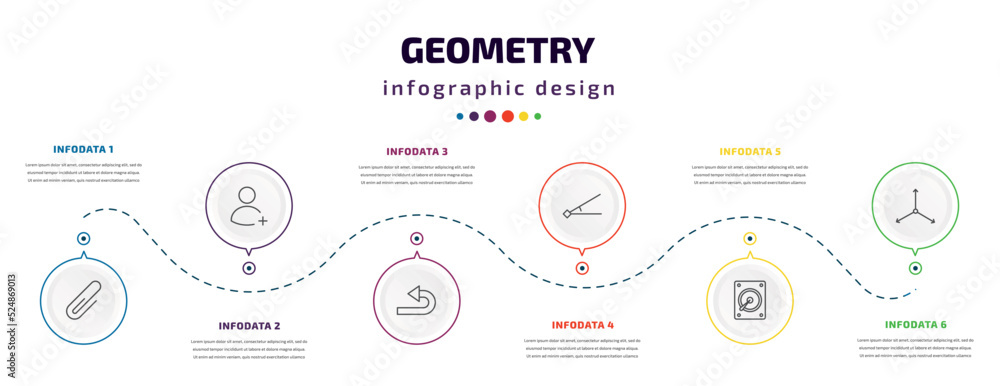 Fototapeta premium geometry infographic element with icons and 6 step or option. geometry icons such as attach, join, undo, angle, disk, axis vector. can be used for banner, info graph, web, presentations.