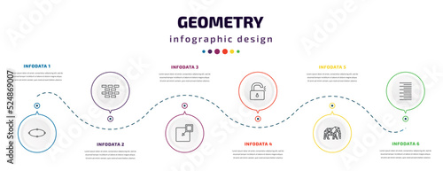 geometry infographic element with icons and 6 step or option. geometry icons such as ellipse, construction, insert, unlock, polygonal elephant, right align vector. can be used for banner, info