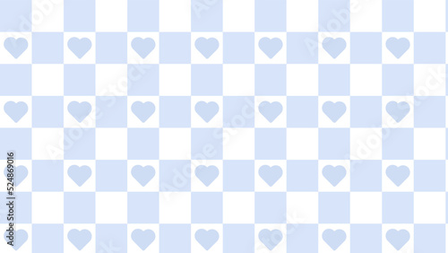 cute pastel blue and white checkers, gingham, plaid, checkerboard with cute little heart background illustration, perfect for banner, wallpaper, backdrop, postcard, background