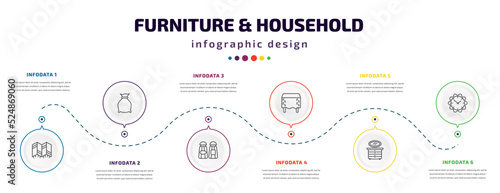 furniture & household infographic element with icons and 6 step or option. furniture & household icons such as room divider, garbage bags, salt and pepper shakers, table linens, lowboy, wall clock