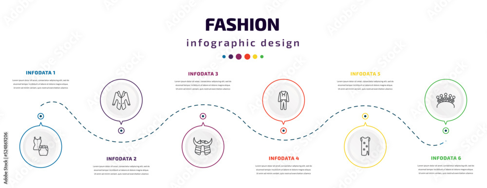 fashion infographic element with icons and 6 step or option. fashion icons such as outfit, jacket with pockets, samurai helmet, men tracksuit, tunic, diadem vector. can be used for banner, info fashion infographic element with icons and 6 step or option. fashion icons such as outfit, jacket with pockets, samurai helmet, men tracksuit, tunic, diadem vector. can be used for banner, info