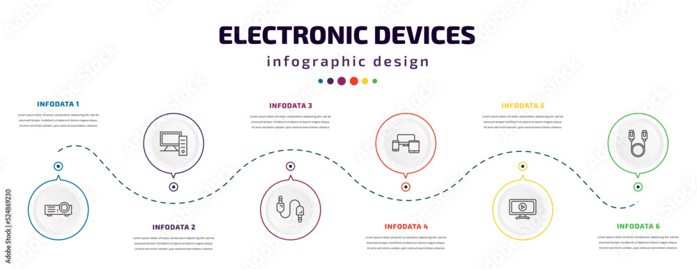 electronic devices infographic element with icons and 6 step or option. electronic devices icons such as projector, personal computer, sound cable, devices, smart tv, sata vector. can be used for electronic devices infographic element with icons and 6 step or option. electronic devices icons such as projector, personal computer, sound cable, devices, smart tv, sata vector. can be used for