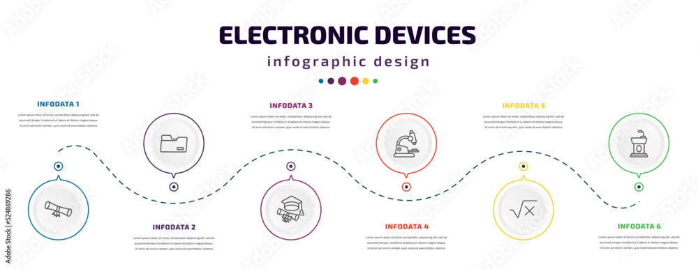 electronic devices infographic element with icons and 6 step or option. electronic devices icons such as diploma roll, black folder, college graduation, biology microscope, square root in class, electronic devices infographic element with icons and 6 step or option. electronic devices icons such as diploma roll, black folder, college graduation, biology microscope, square root in class,