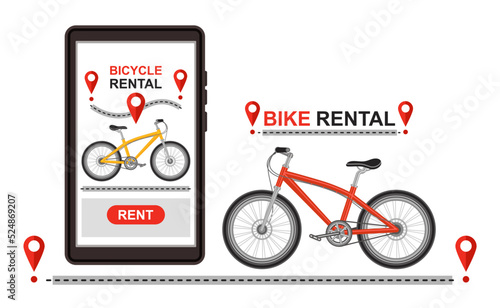 Bike rental service, public bicycle sharing system mobile app. City rent station, cycle hire parking business. Cycling road travel. Sport street transport. GPS smartphone biking route tracking. Vector