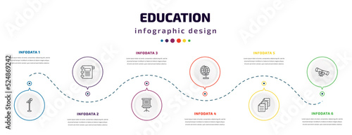 education infographic element with icons and 6 step or option. education icons such as microphone with stand, agenda with bookmarks, flip chart, classroom globe, various files, graduation diploma