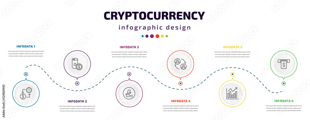 Fototapeta premium cryptocurrency infographic element with icons and 6 step or option. cryptocurrency icons such as proof of capacity, oil economy, , peer to peer, market forecast, cash hine vector. can be used for
