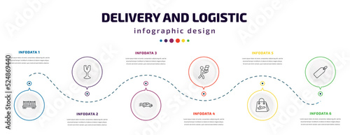 delivery and logistic infographic element with icons and 6 step or option. delivery and logistic icons such as cargo train, fragile, delivery by car, man, duty free, tag vector. can be used for