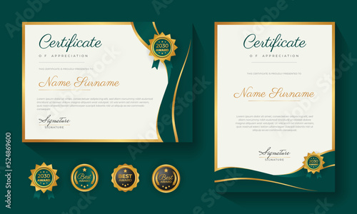 Green certificate of achievement template with gold badge