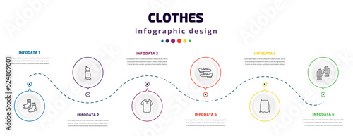 clothes infographic element with icons and 6 step or option. clothes icons such as men socks, one shoulder dress, cotton polo shirt, loafer, peplum skirt, leather gloves vector. can be used for